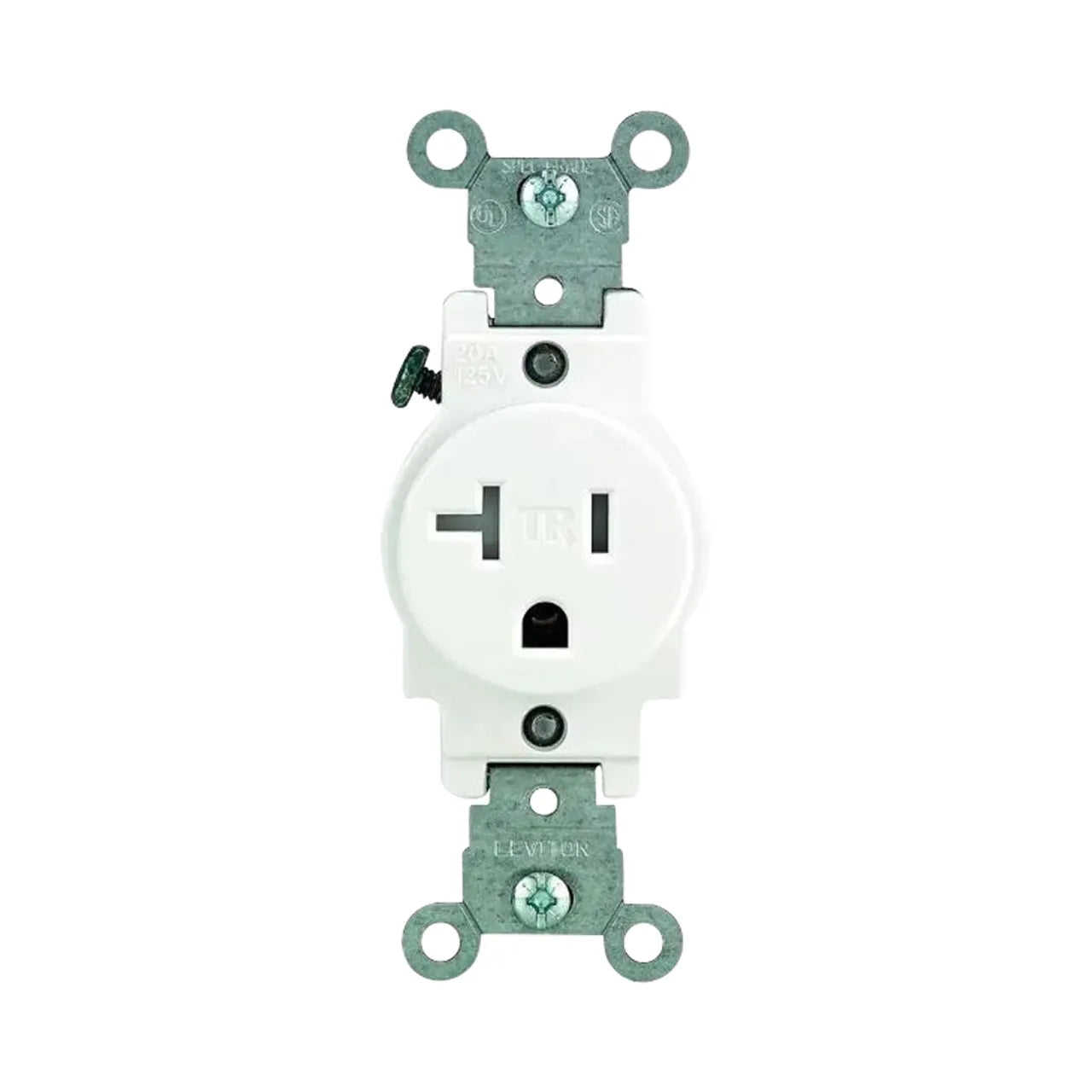 The Go Build 20A Commercial Grade Tamper Resistant Single Outlet - White features a durable design with three slots, TR label for safety, and metal mounting brackets for easy installation.